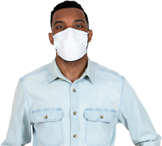 Man in a blue shirt wearing a mask